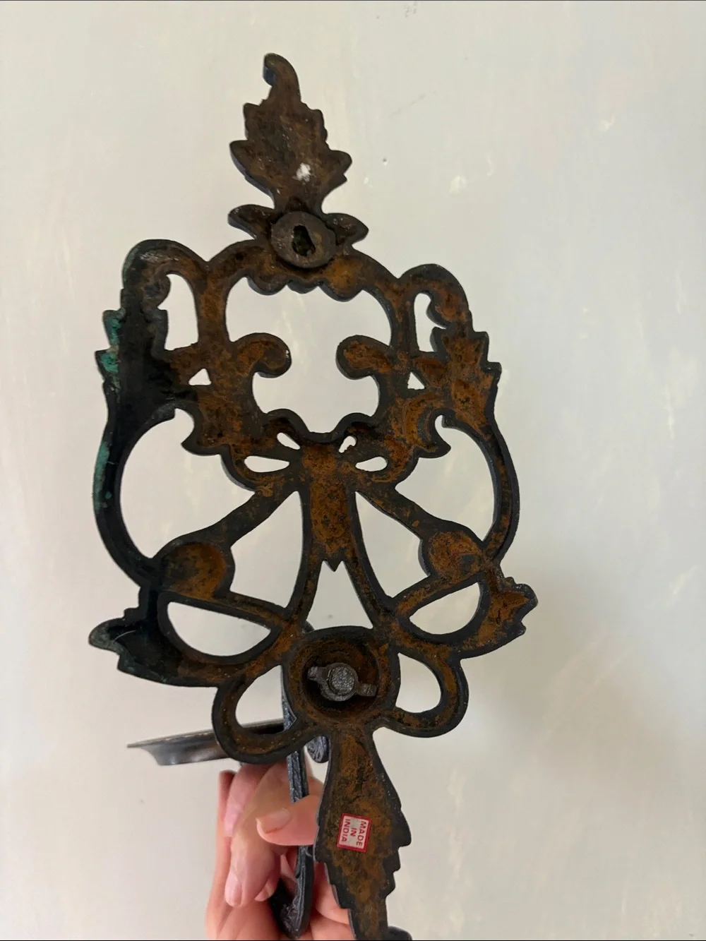 Vintage Ornate Black Cast Iron Wall Candle Sconce – Ribbon Bow & Scrollwork Leaf